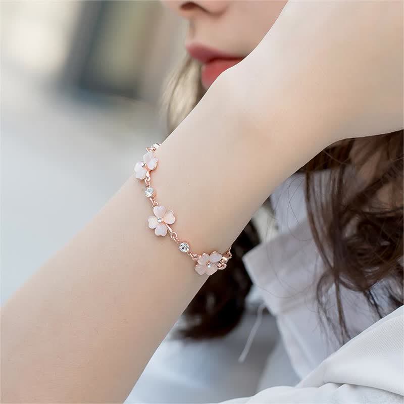 Pink Crystal Four Leaf Clover Love Chain Bracelet