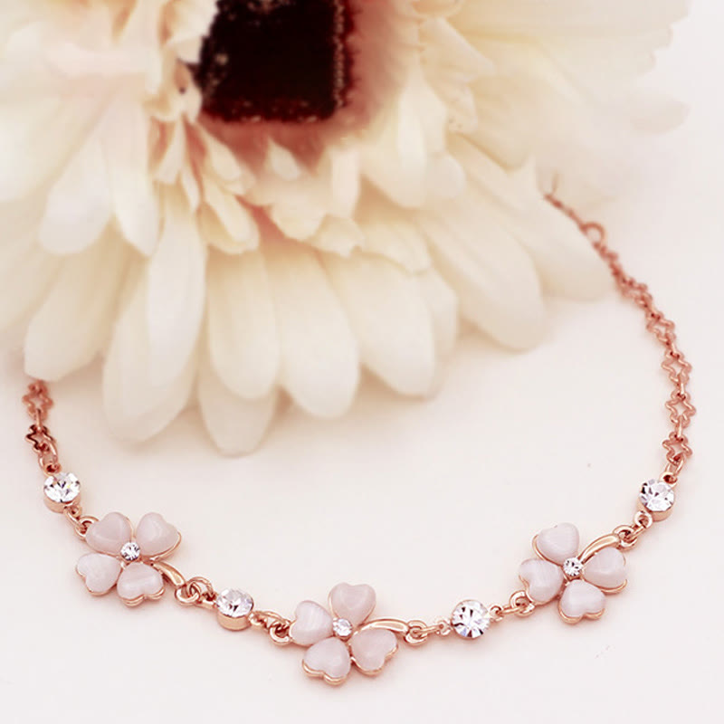 Pink Crystal Four Leaf Clover Love Chain Bracelet