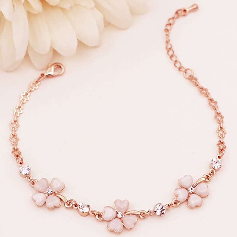 Pink Crystal Four Leaf Clover Love Chain Bracelet