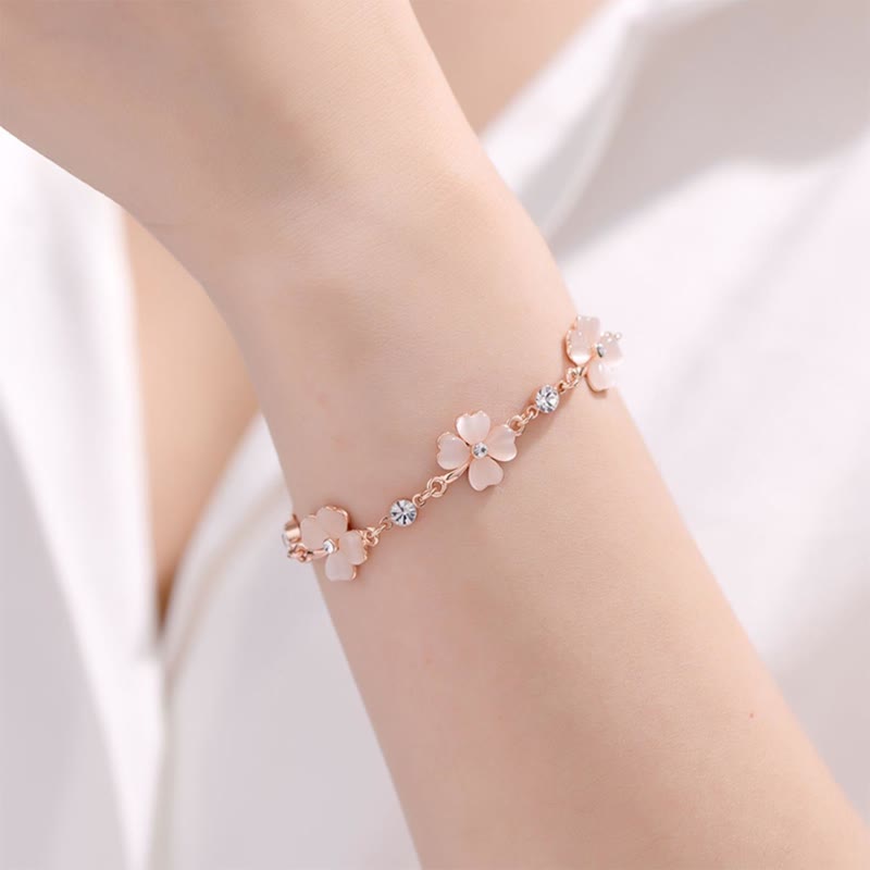 Pink Crystal Four Leaf Clover Love Chain Bracelet