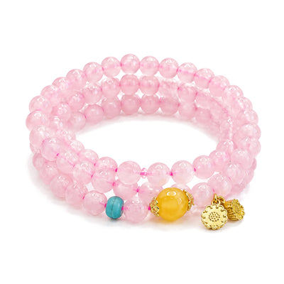 6mm Pink Crystal Lotus Bracelet with Yellow Chalcedony, Pink Crystal, on a white background