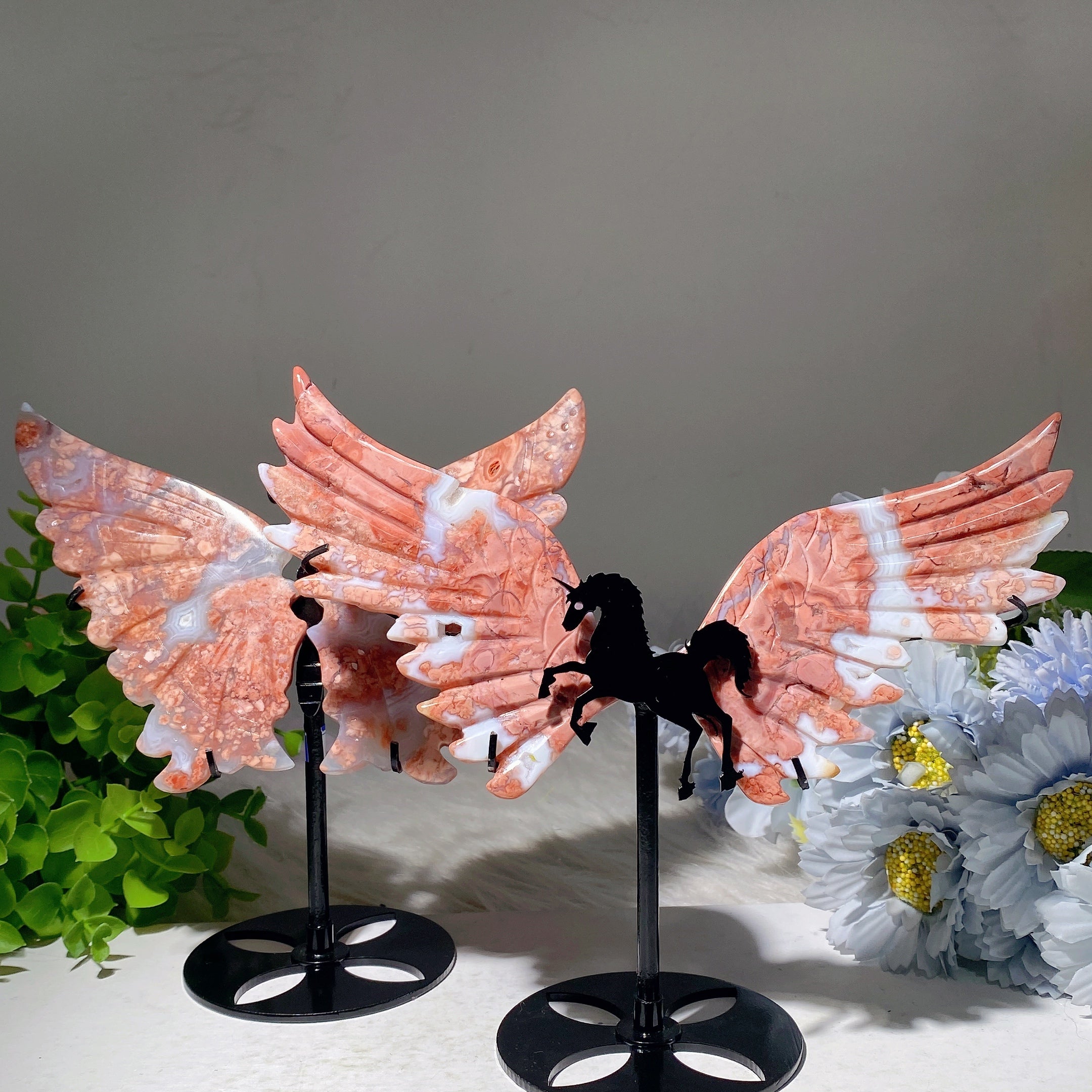 Pink Flower Agate Crystal Figurines with Stand - Unicorn & Butterfly Wings