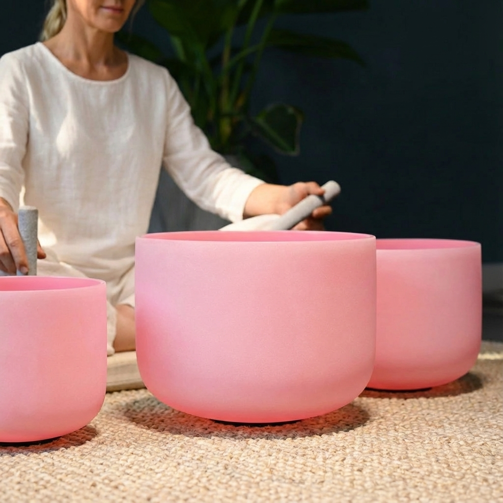 Pink Frosted Crystal Singing Bowl Set - 7 pcs 6-12"