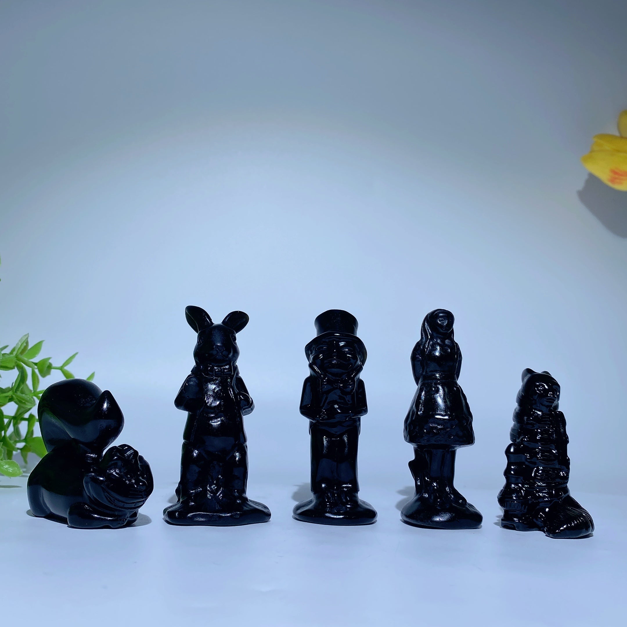 Pink Opalite and Black Obsidian Alice in Wonderland Crystal Figurines 2.4-3.1 in