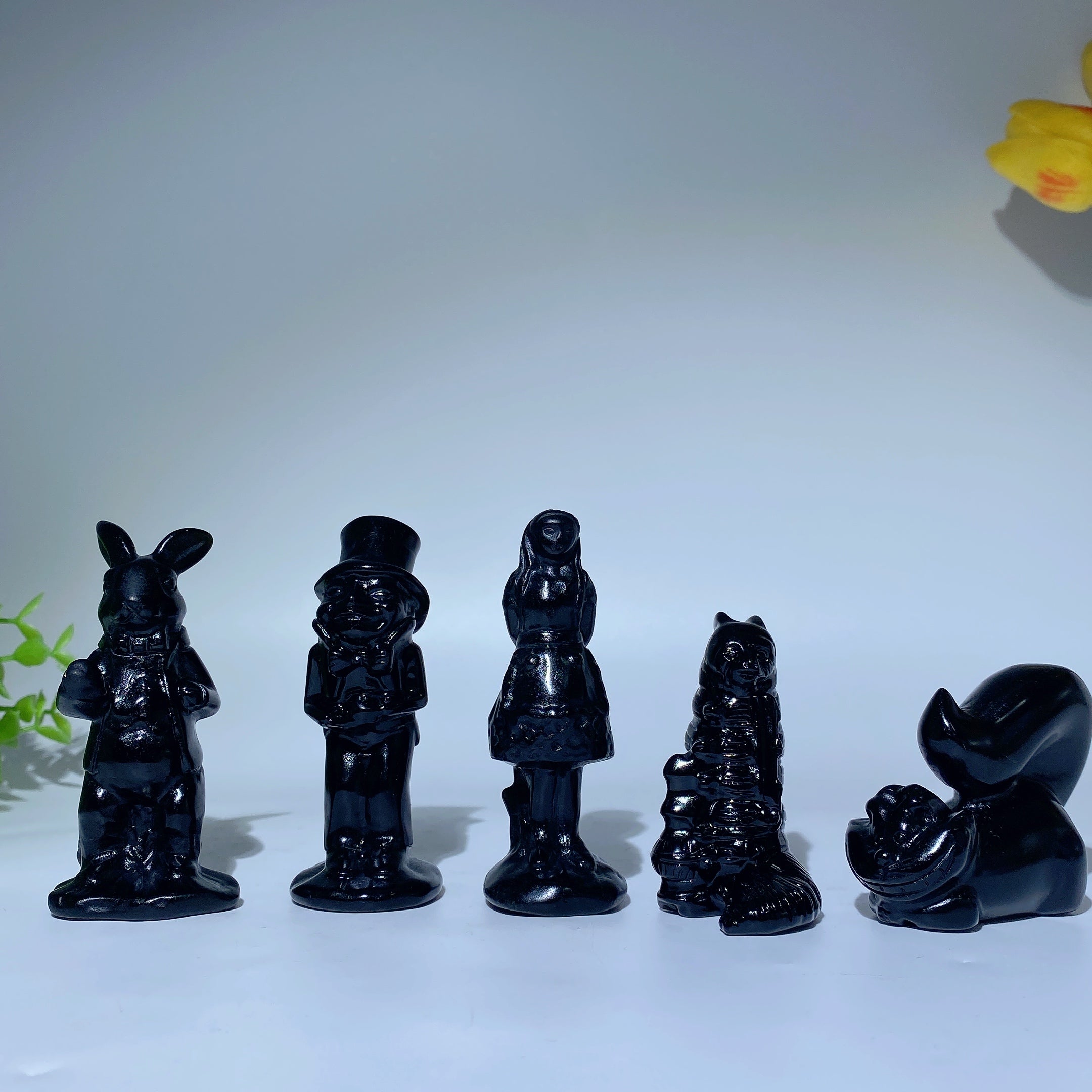 Pink Opalite and Black Obsidian Alice in Wonderland Crystal Figurines 2.4-3.1 in