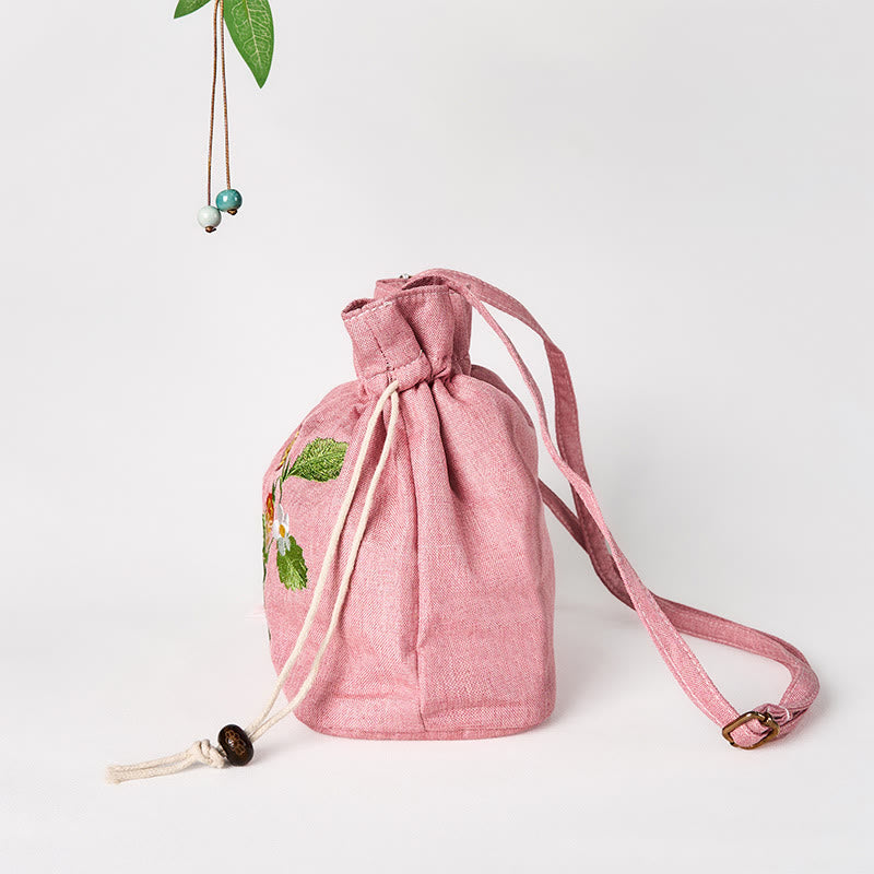 Pink Strawberry Rabbit Cotton Linen Yoga Bag with Adjustable Strap
