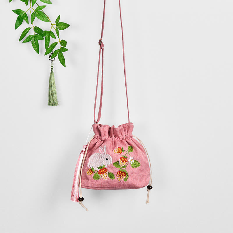 Pink Strawberry Rabbit Cotton Linen Yoga Bag with Adjustable Strap