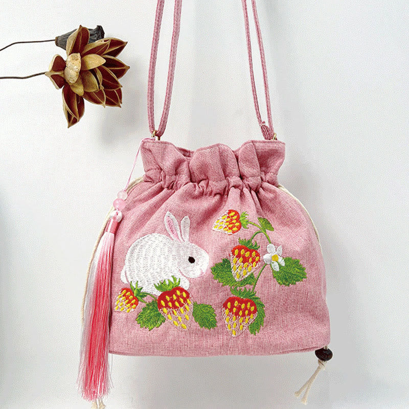 Pink Strawberry Rabbit Cotton Linen Yoga Bag with Adjustable Strap