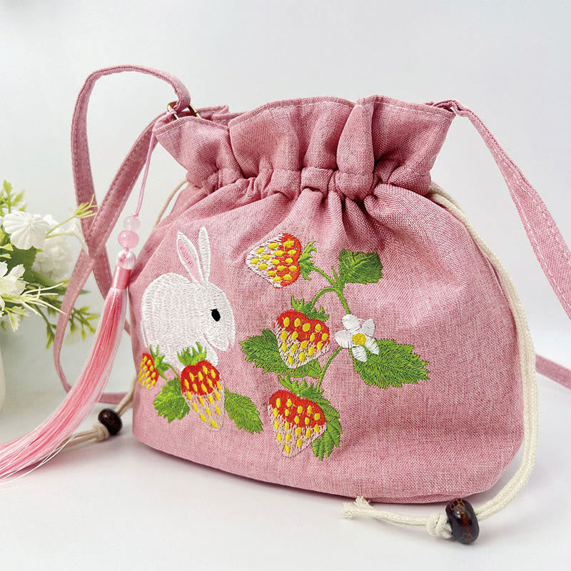 Pink Strawberry Rabbit Cotton Linen Yoga Bag with Adjustable Strap
