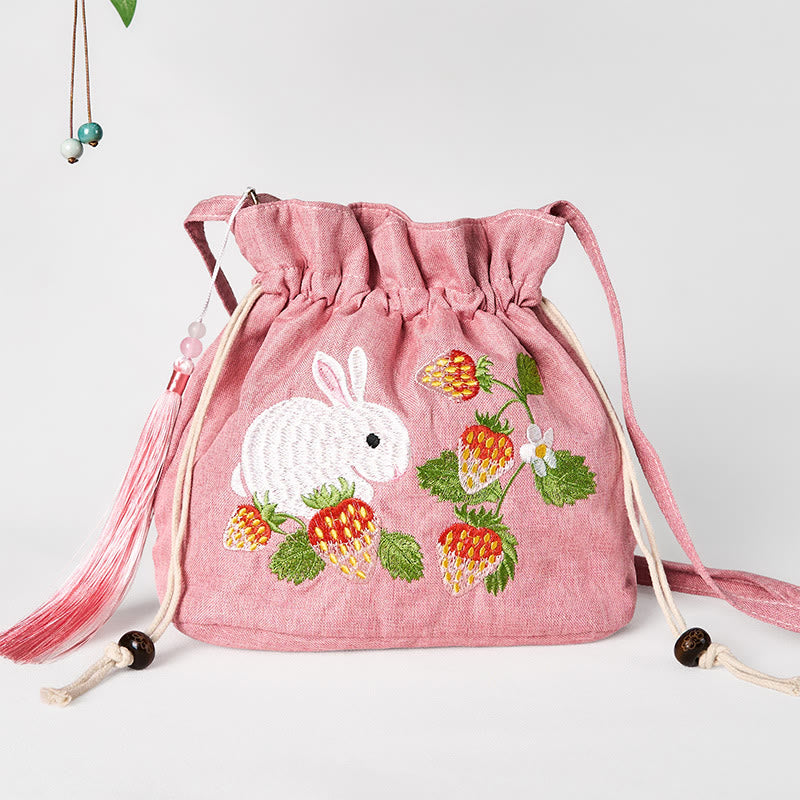 Pink Strawberry Rabbit Cotton Linen Yoga Bag with Adjustable Strap