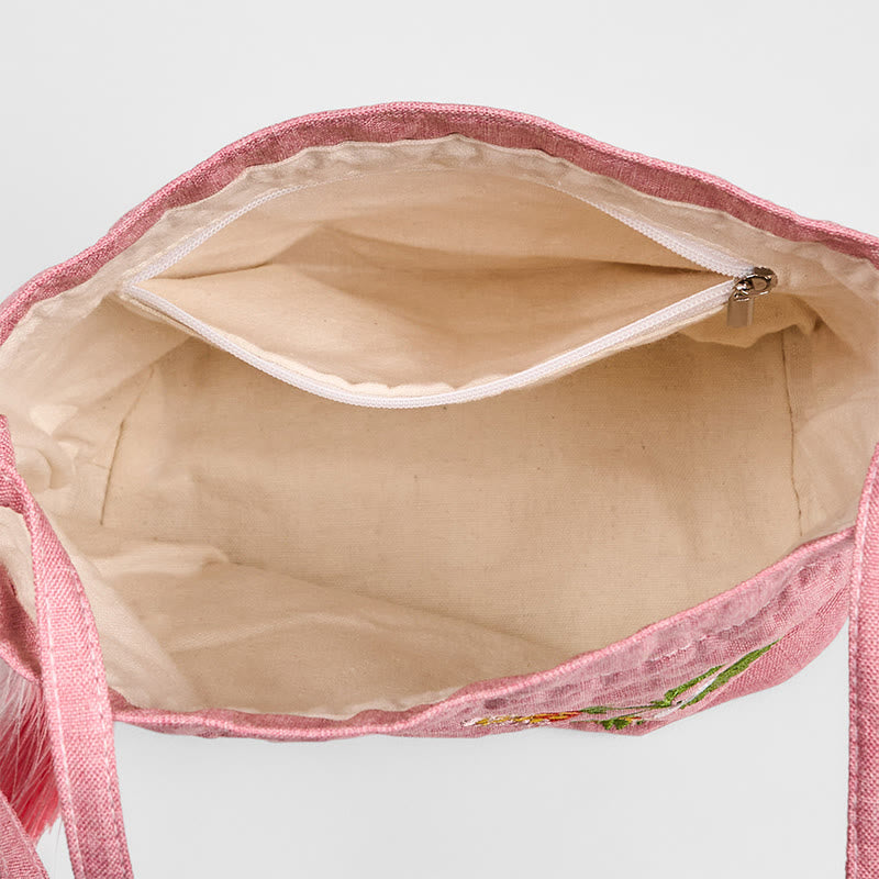 Pink Strawberry Rabbit Cotton Linen Yoga Bag with Adjustable Strap