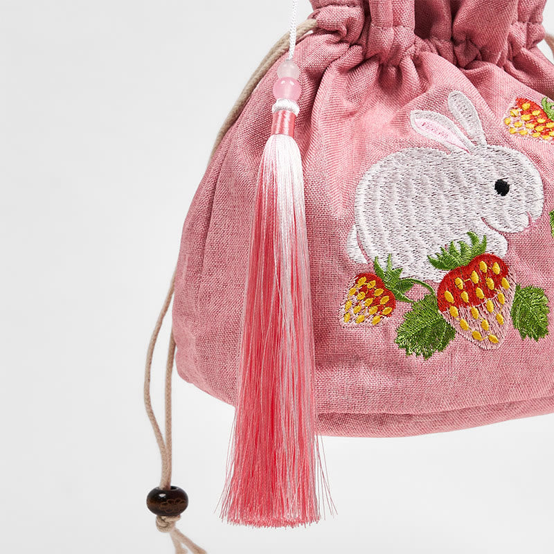 Pink Strawberry Rabbit Cotton Linen Yoga Bag with Adjustable Strap
