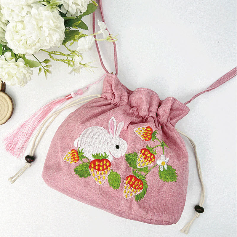 Pink Strawberry Rabbit Cotton Linen Yoga Bag with Adjustable Strap