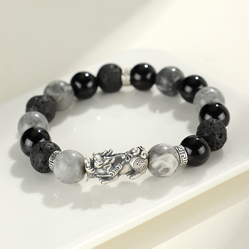 Pixiu Black Onyx Grey Jasper Lava Rock Bracelet