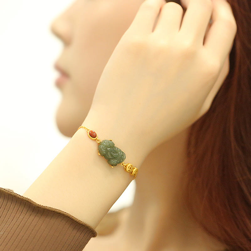 Pixiu Bracelet with Cyan Jade & Red Agate for Success
