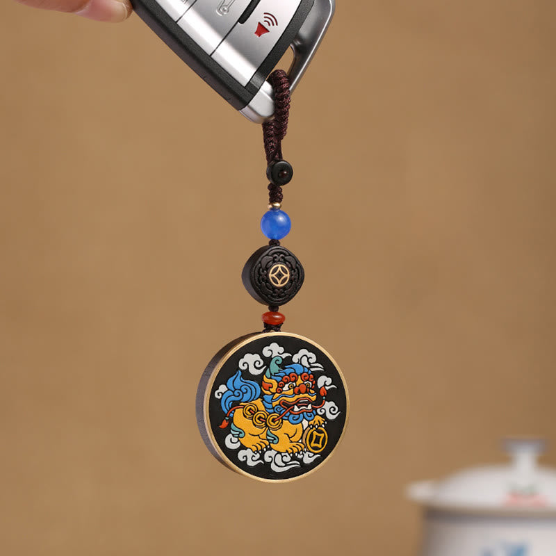 Pixiu Copper Coin Ebony Wood Luck Key Chain