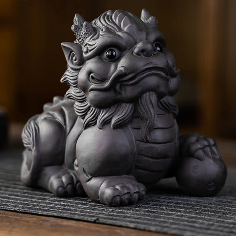 Pixiu Ingot Ball Purple Clay Ceramic Wealth Figurine 11.5cm