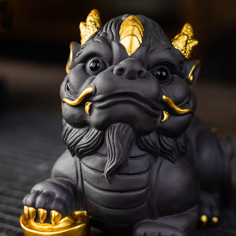 Pixiu Ingot Ball Purple Clay Ceramic Wealth Figurine 11.5cm