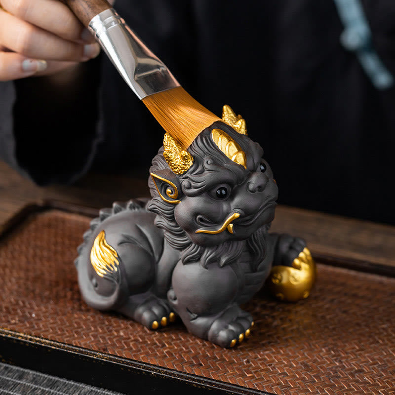 Pixiu Ingot Ball Purple Clay Ceramic Wealth Figurine 11.5cm