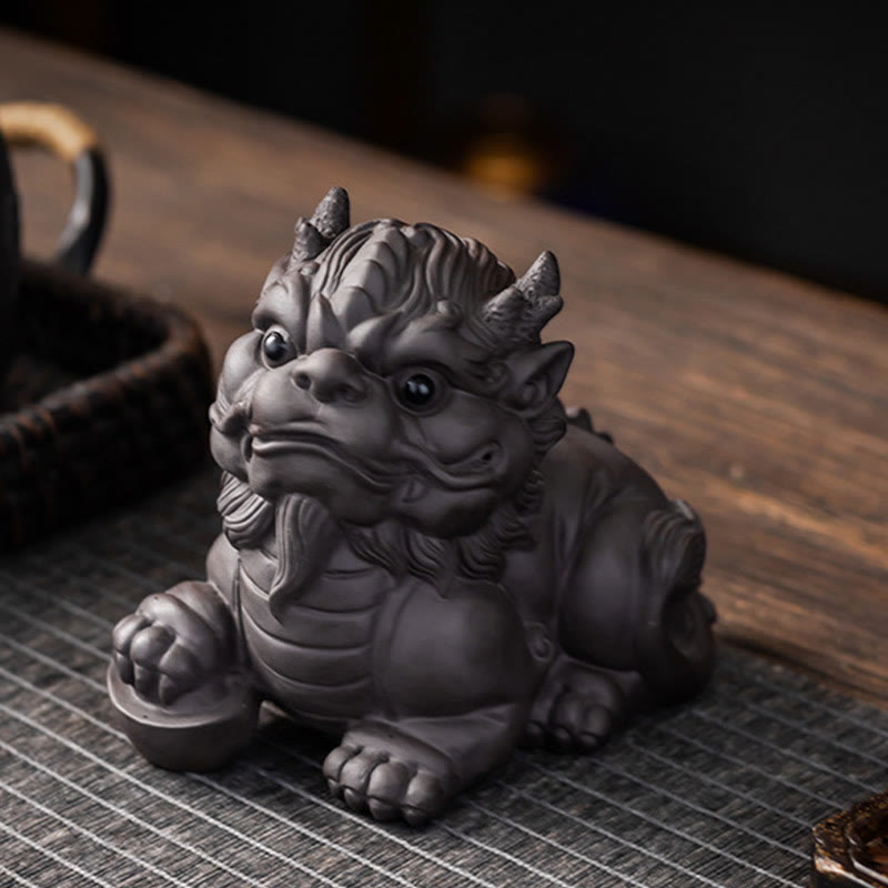 Pixiu Ingot Ball Purple Clay Ceramic Wealth Figurine 11.5cm