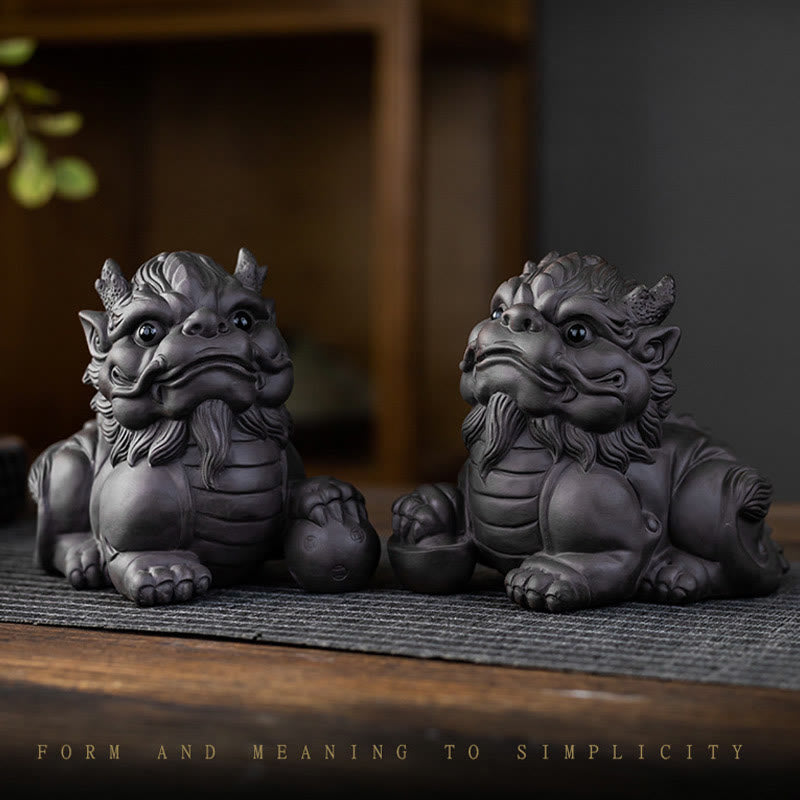 Pixiu Ingot Ball Purple Clay Ceramic Wealth Figurine 11.5cm