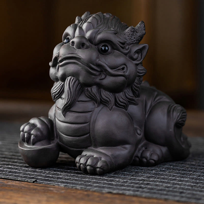 Pixiu Ingot Ball Purple Clay Ceramic Wealth Figurine 11.5cm