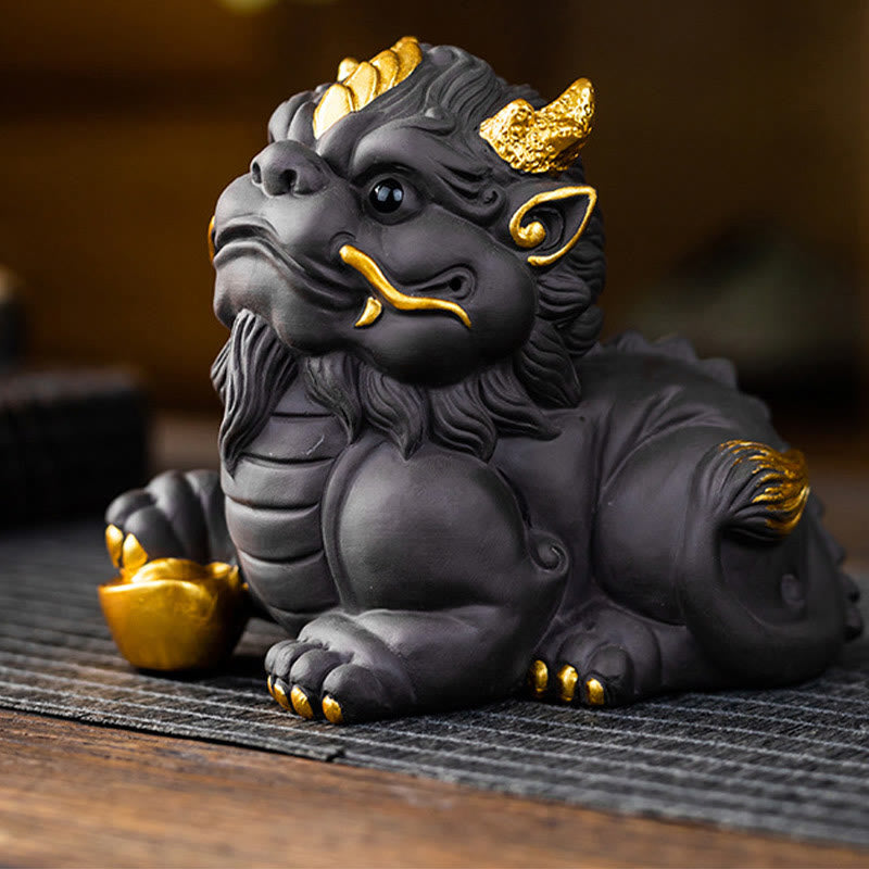 Pixiu Ingot Ball Purple Clay Ceramic Wealth Figurine 11.5cm