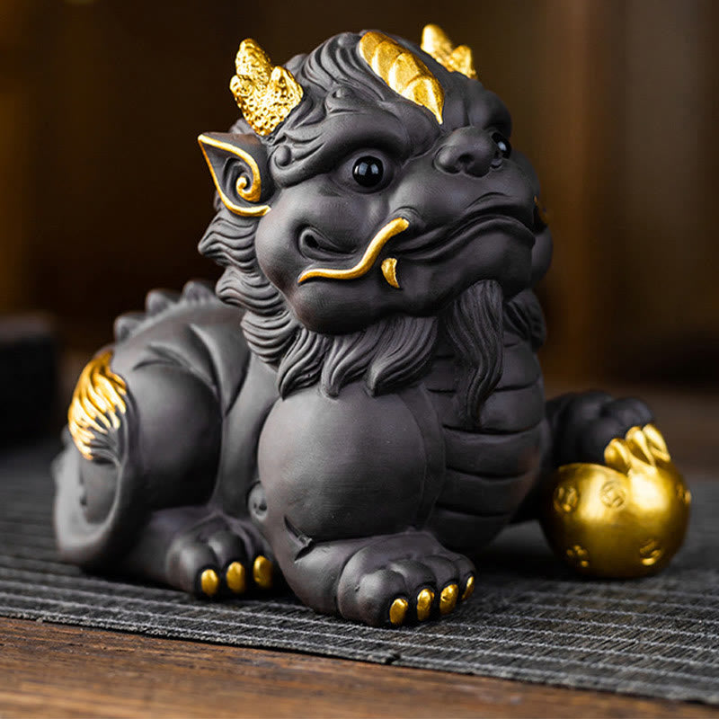 Pixiu Ingot Ball Purple Clay Ceramic Wealth Figurine 11.5cm