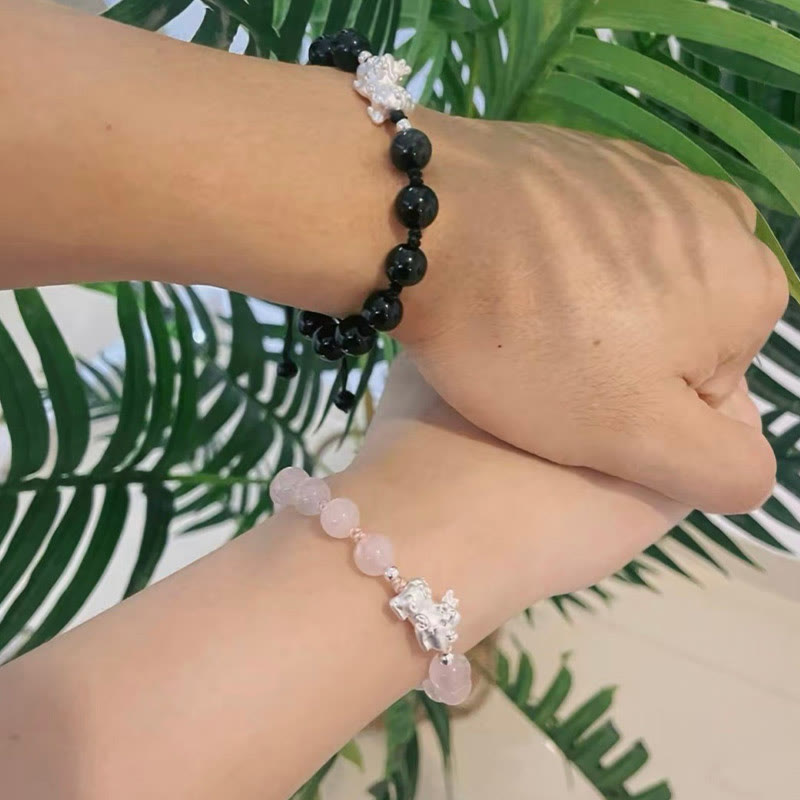 PiXiu Obsidian Cat's Eye Pink Crystal Strength Bracelet