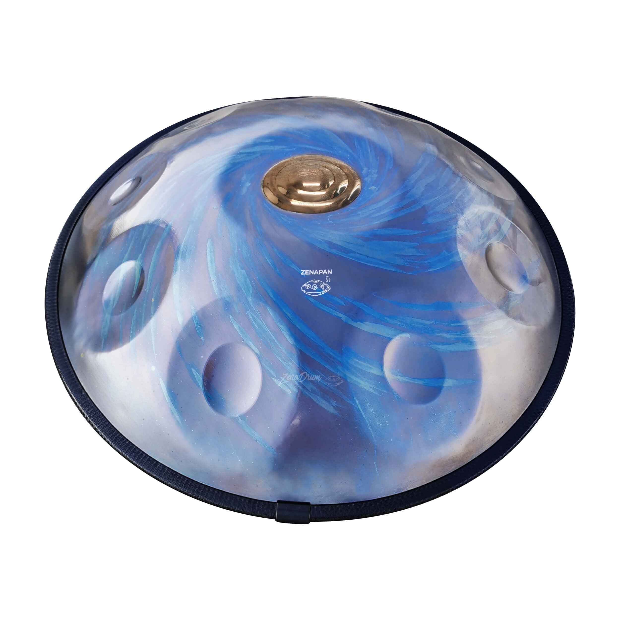 Handpan drum with blue swirls, Planet Blue D Minor, 9 to 14 notes for sale