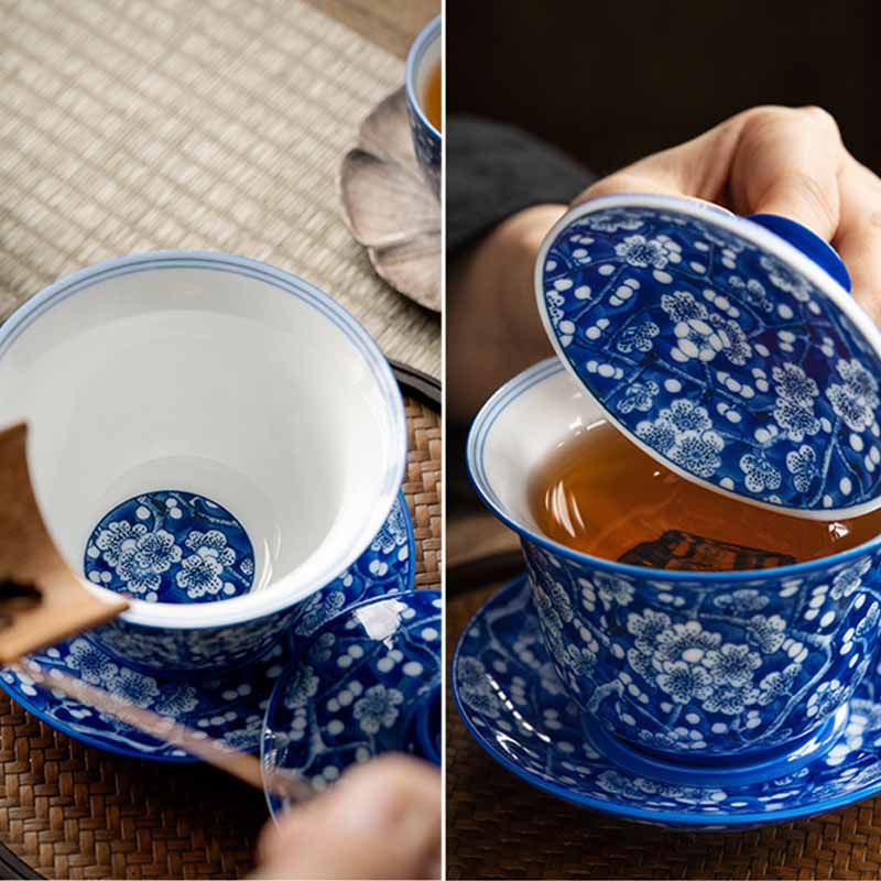 Plum Blossom Blue & White Porcelain Ceramic Gaiwan 185ml Tea Cup