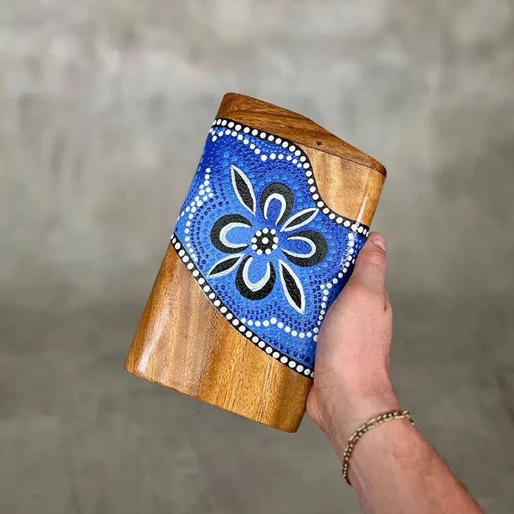 Wooden container with blue and white floral pattern for Portable Australian Didgeridoo