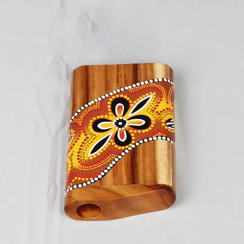 Wooden dugout box with Aboriginal dot painting and flower pattern for Mahogany Didgeridoo