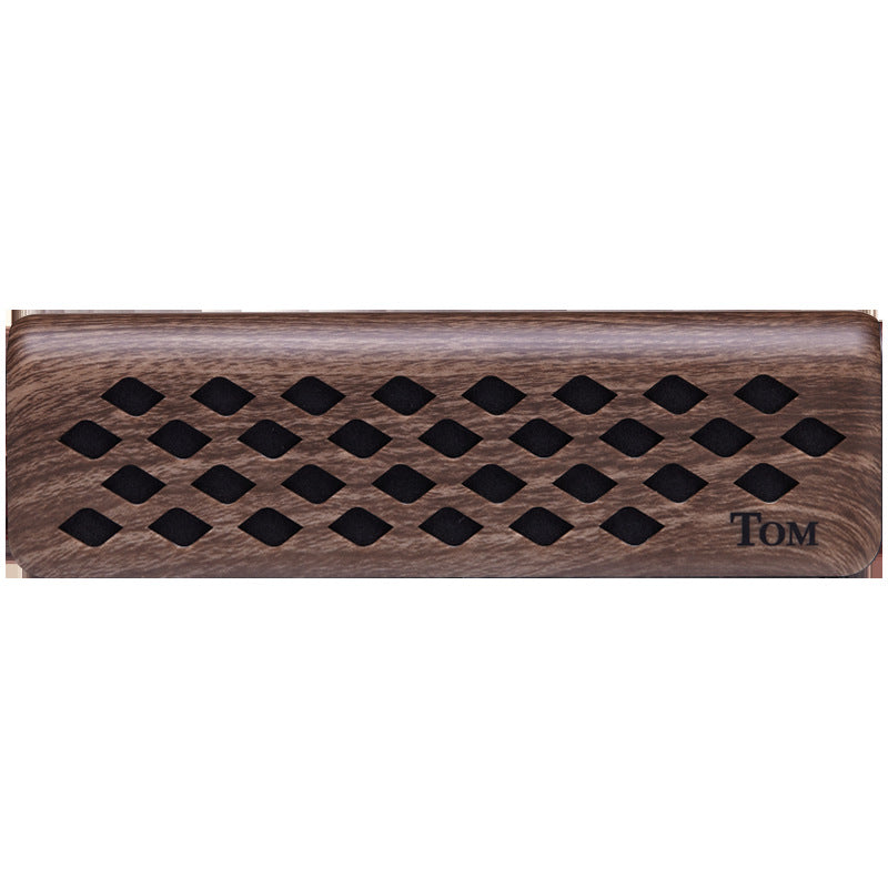 Wooden incense holder with diamond cutout and TOM engraving for music enthusiasts