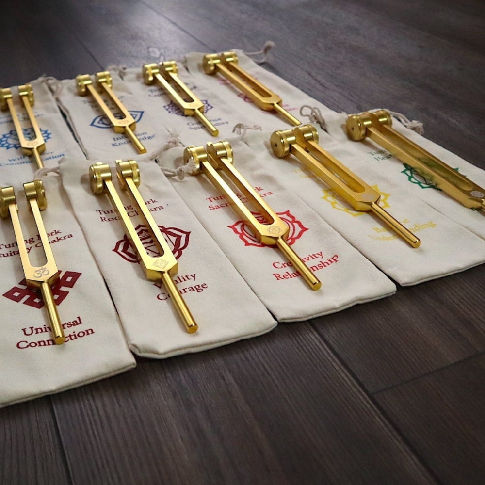 Professionally Tuned 9pc Solfeggio Fork Set - Chakra Engrams - No Activator / Gold - On sale