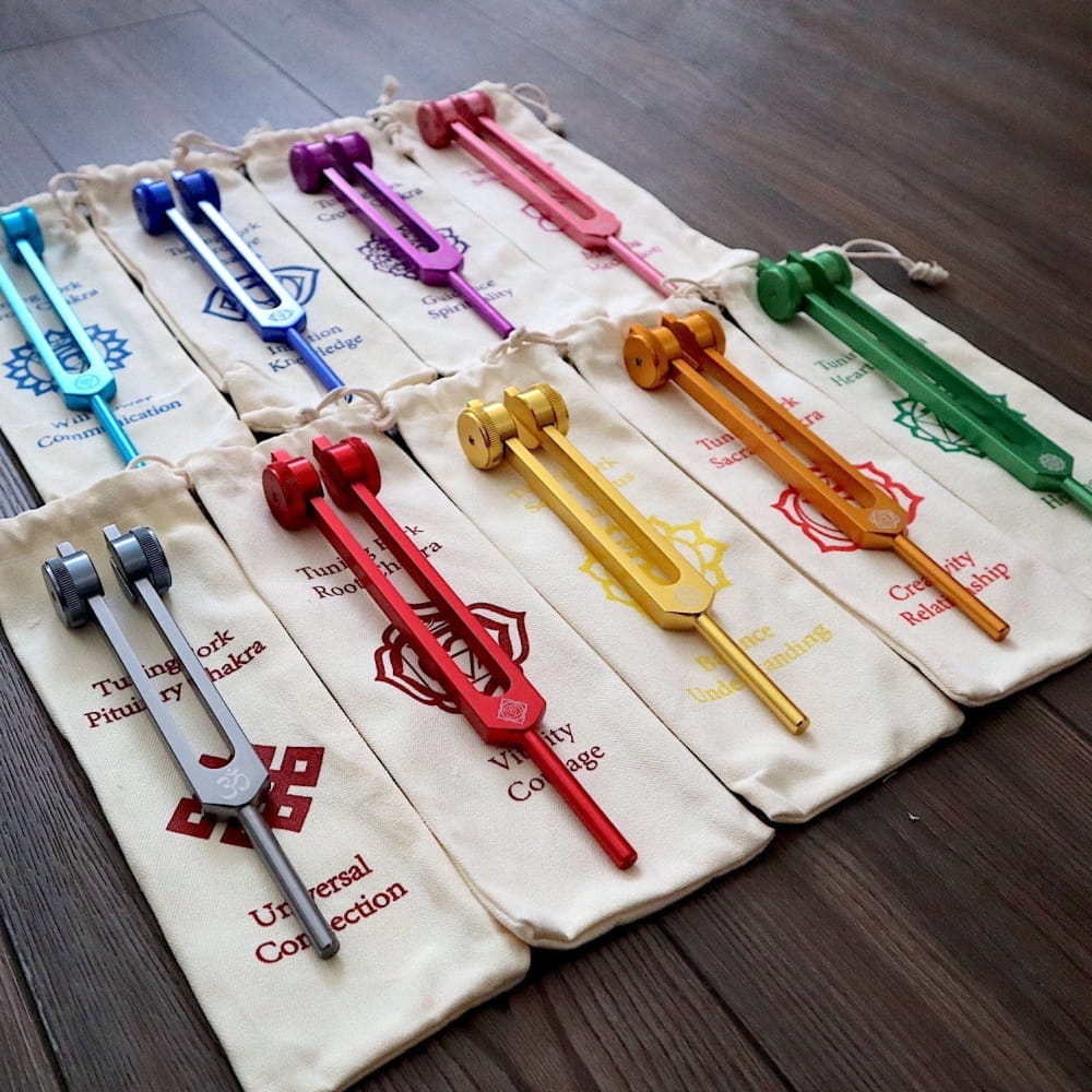 Colorful tuning forks in fabric pouches from Professionally Tuned Solfeggio set