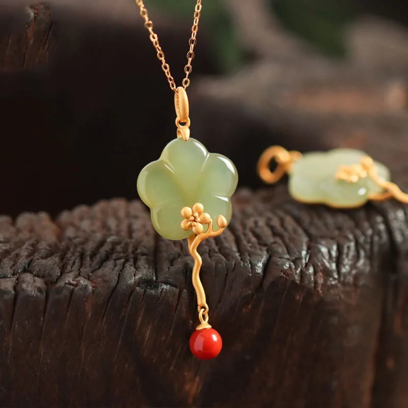 Prosperity Jade Necklace with Red Agate | Vintage Plum Blossom