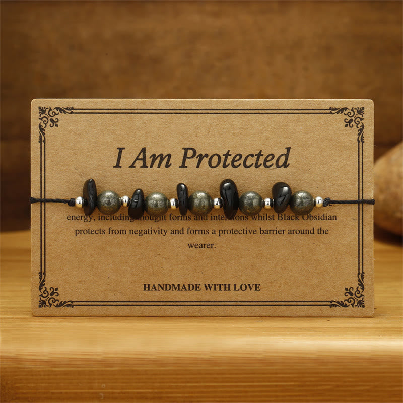 I Am Protected Iron Pyrite & Black Obsidian Bracelet for Protection