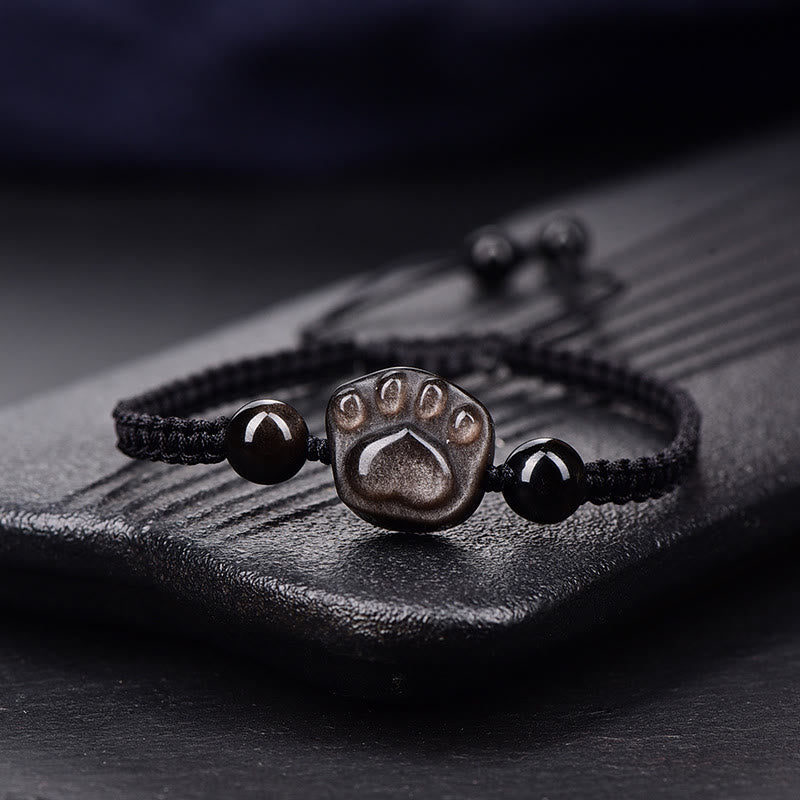 Protection Obsidian Bracelet | Silver & Gold Sheen Cat Paw Rope