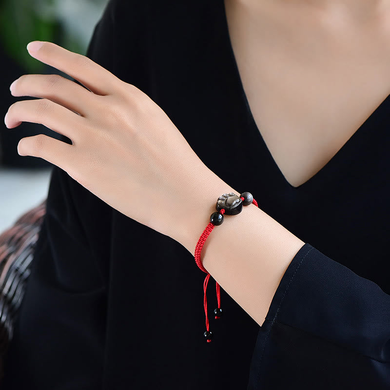Protection Obsidian Bracelet | Silver & Gold Sheen Cat Paw Rope