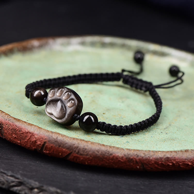 Protection Obsidian Bracelet | Silver & Gold Sheen Cat Paw Rope