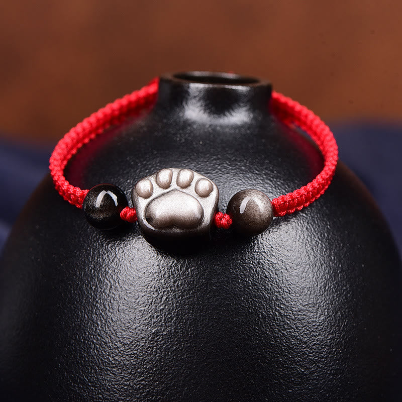 Protection Obsidian Bracelet | Silver & Gold Sheen Cat Paw Rope