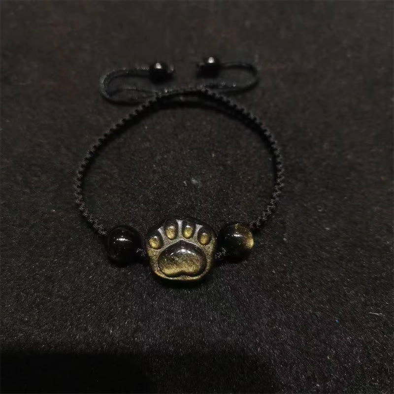 Protection Obsidian Bracelet | Silver & Gold Sheen Cat Paw Rope