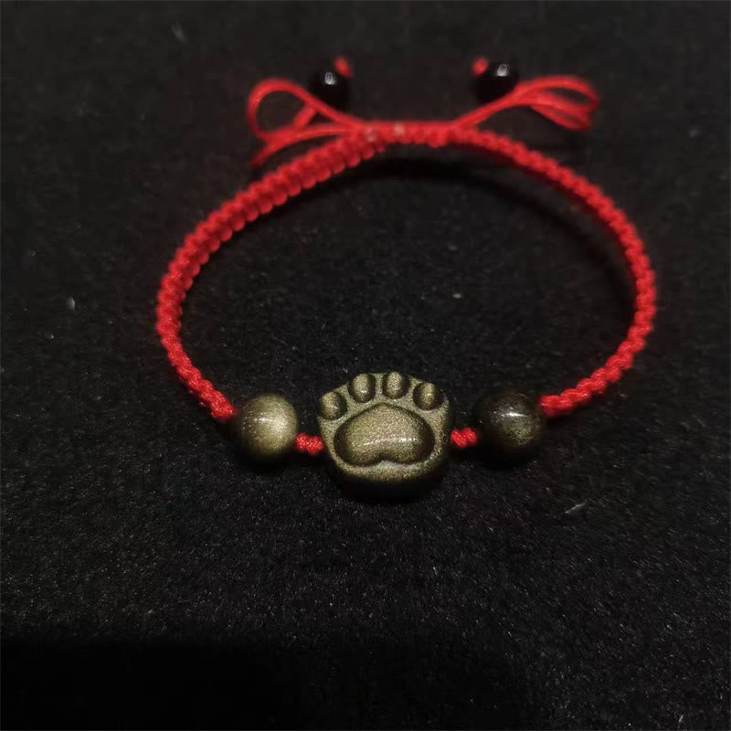 Protection Obsidian Bracelet | Silver & Gold Sheen Cat Paw Rope