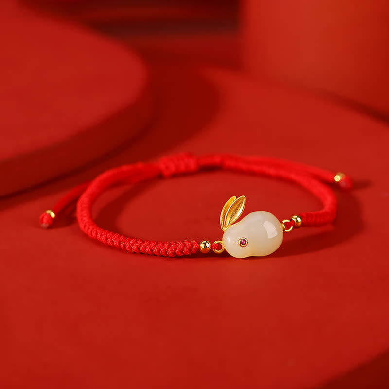 Protection White Jade Bracelet with Red String, Rabbit Charm