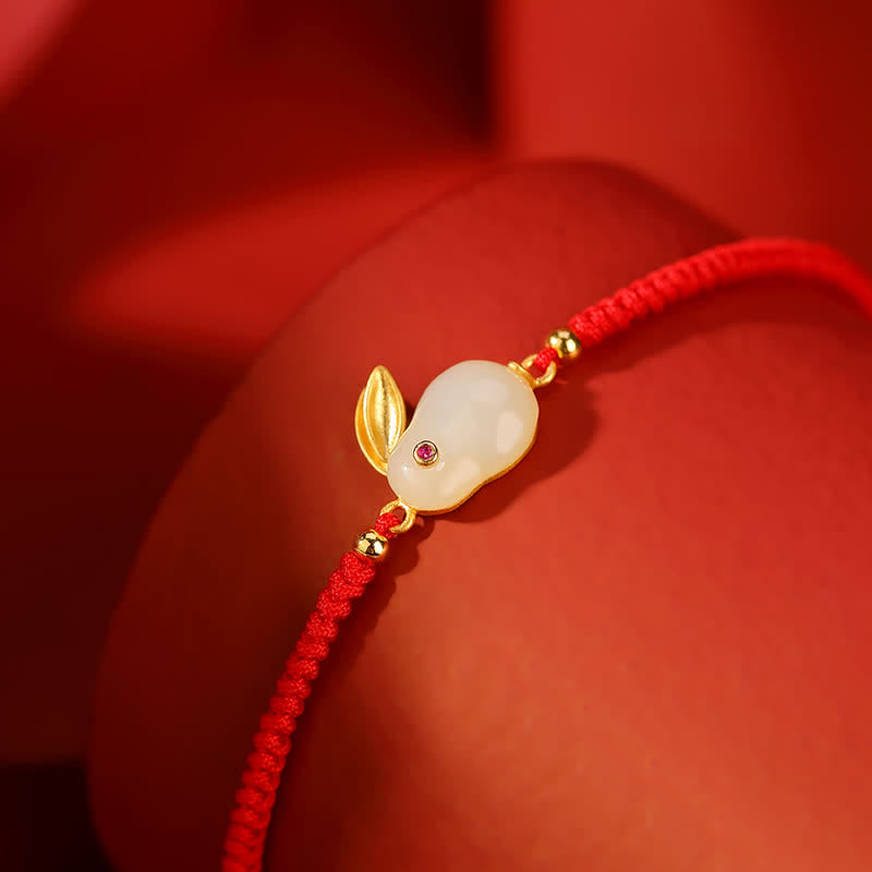 Protection White Jade Bracelet with Red String, Rabbit Charm