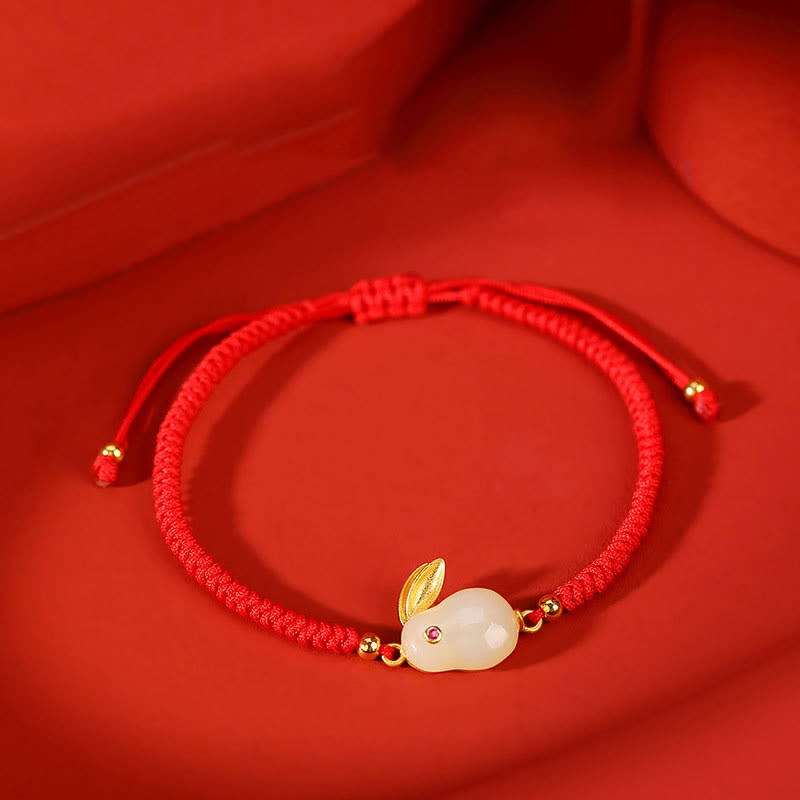 Protection White Jade Bracelet with Red String, Rabbit Charm