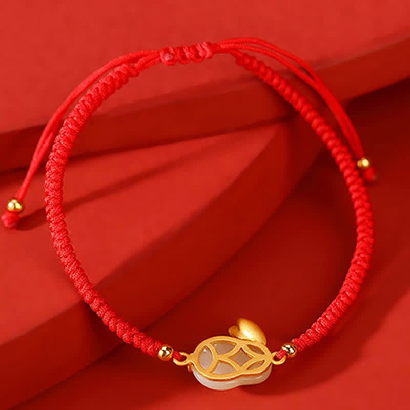 Protection White Jade Bracelet with Red String, Rabbit Charm