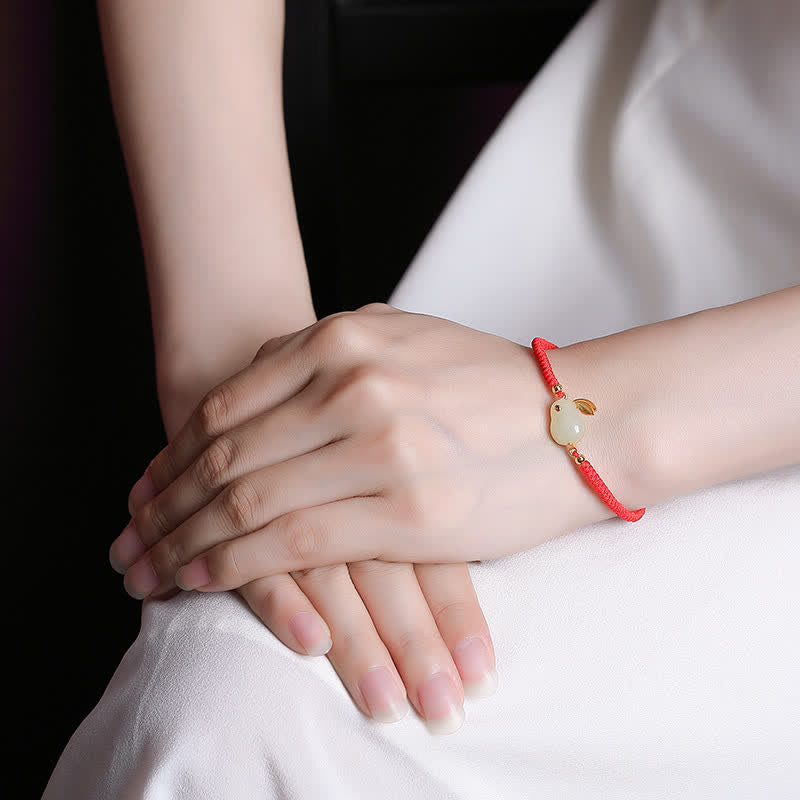 Protection White Jade Bracelet with Red String, Rabbit Charm