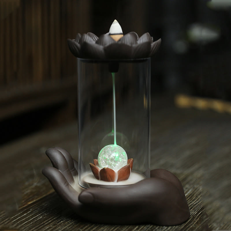 Purple Clay Buddha Hand Lotus Enlightenment LED Light Incense Burner